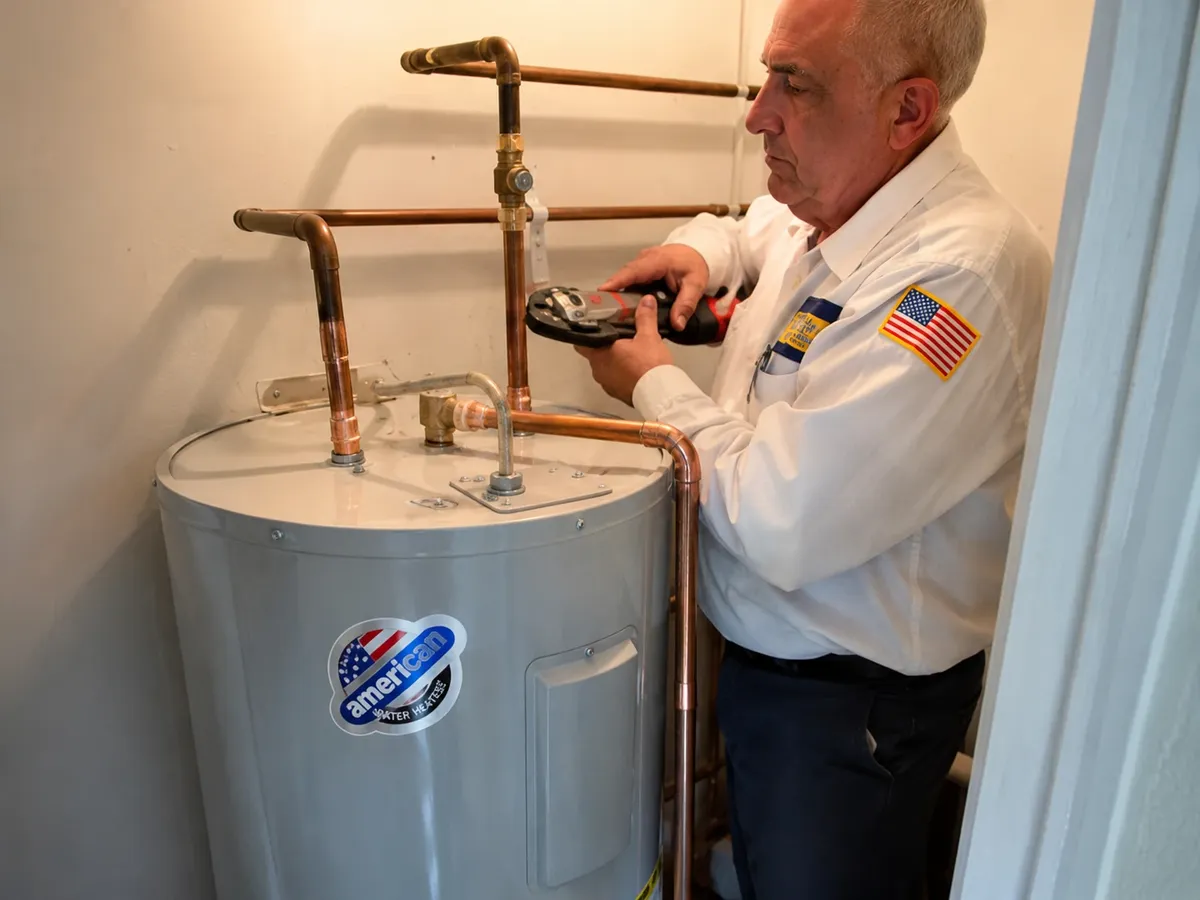 Technician servicing a residential water heater on Long Island